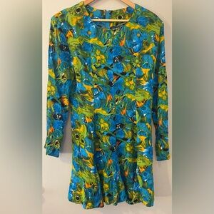 Long Sleeve Mini Dress 👗 Turquoise, Green, Yellow Flowers (M) Flowing Skirt